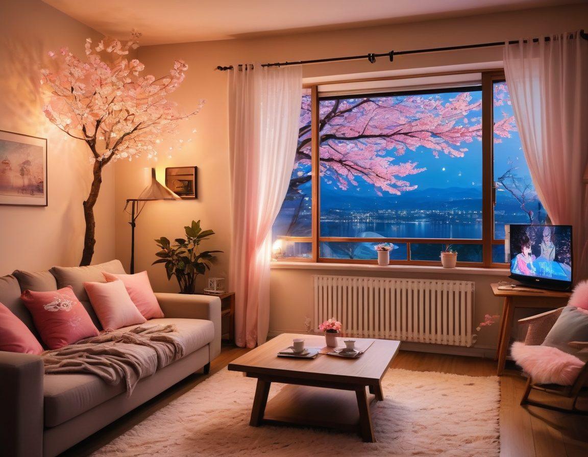 A dreamy scene featuring a cozy living room with a TV screen displaying various romantic anime series covers, surrounded by soft glowing fairy lights, plush cushions, and a subtle hint of cherry blossom petals floating in the air. The ambiance evokes warmth, romance, and nostalgia. vibrant colors. anime style.