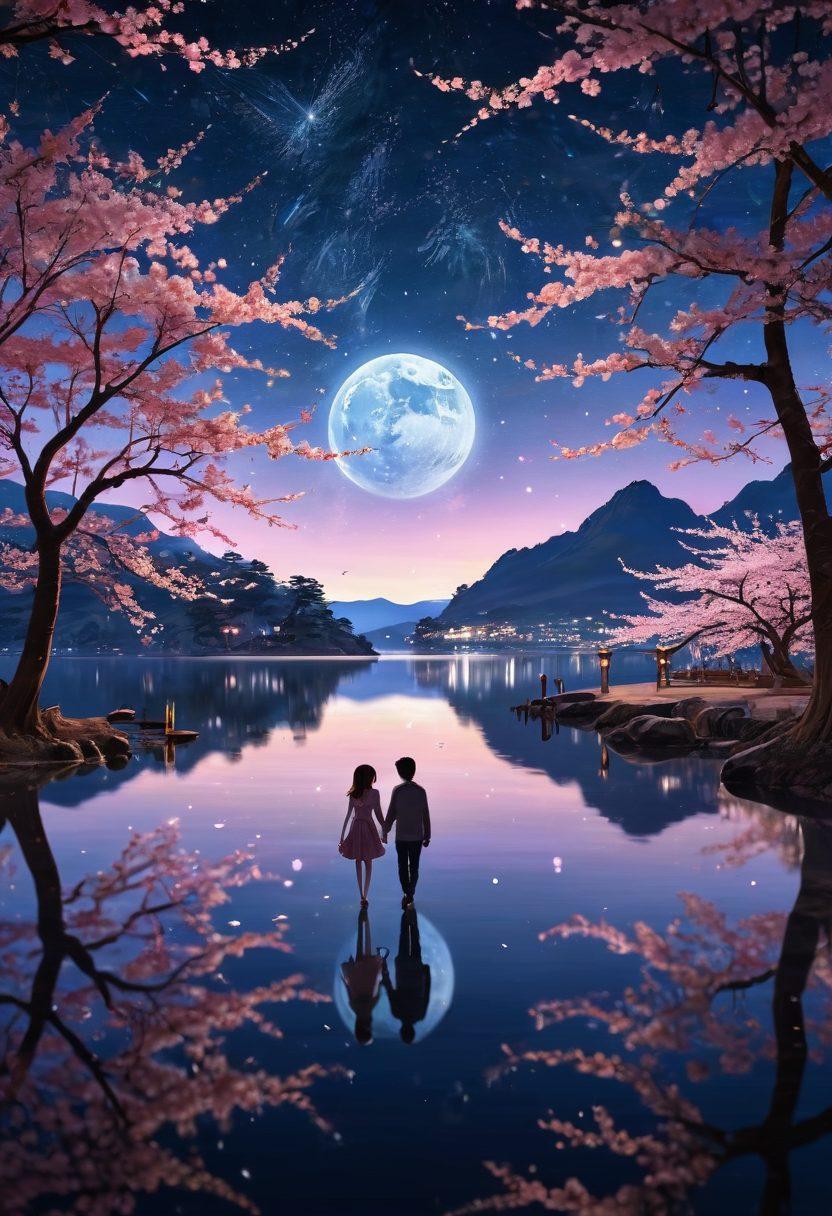 A romantic starry night scene with a couple holding hands under a cherry blossom tree in full bloom, surrounded by floating heart-shaped petals. The couple is depicted in classic anime style, with large expressive eyes and intricate details. In the background, a serene moonlit lake reflects the shimmering stars. painting. vibrant colors. glowing ambiance.