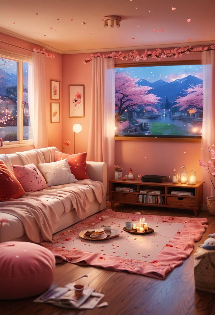 A cozy living room scene with a plush sofa, soft lighting, and a TV screen displaying romantic anime scenes. Include characters wrapped in blankets, steaming mugs of hot cocoa, cherry blossom petals falling outside the window, and heart-shaped decor subtly placed around. Warm, inviting colors with a dreamy, nostalgic feel. super-realistic. vibrant colors.